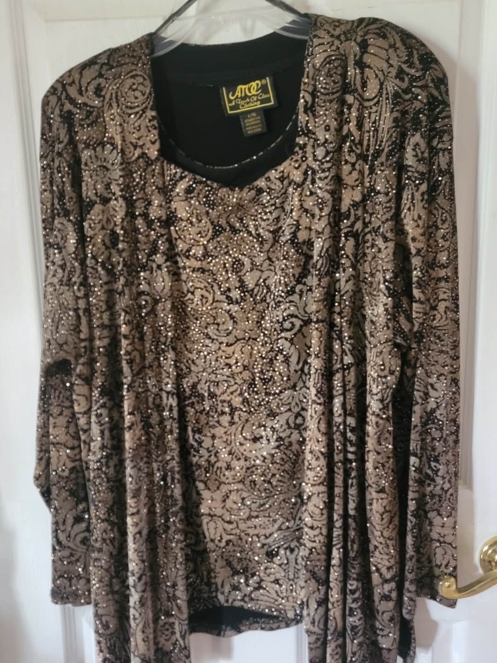 Lattice Sequined Metallic Black & Gold Evening Top 2 Pc